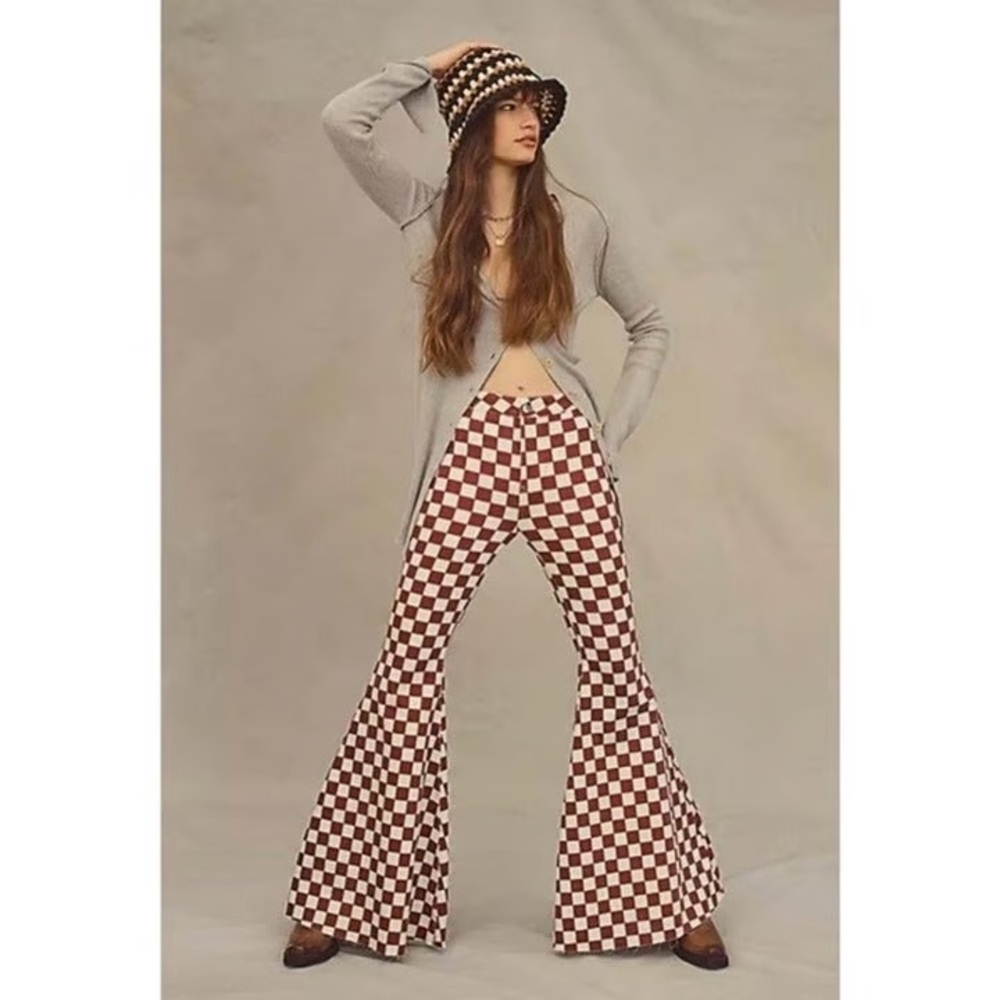 Free People Retro Checkered Flare Pants in Brown and White